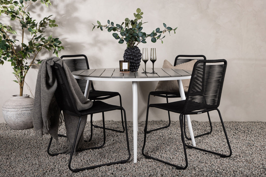 Venture Home Break - Dining Table Round- White / Grey - Alu / Aintwood - 120ø _1+ Lindos Stacking Chair - Black Alu / Black Rope _4