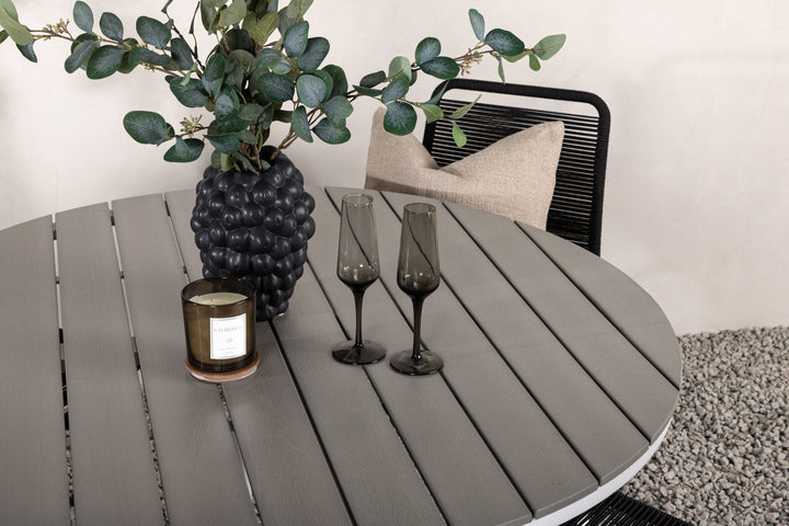 Venture Home Break - Dining Table Round- White / Grey - Alu / Aintwood - 120ø _1+ Lindos Stacking Chair - Black Alu / Black Rope _4