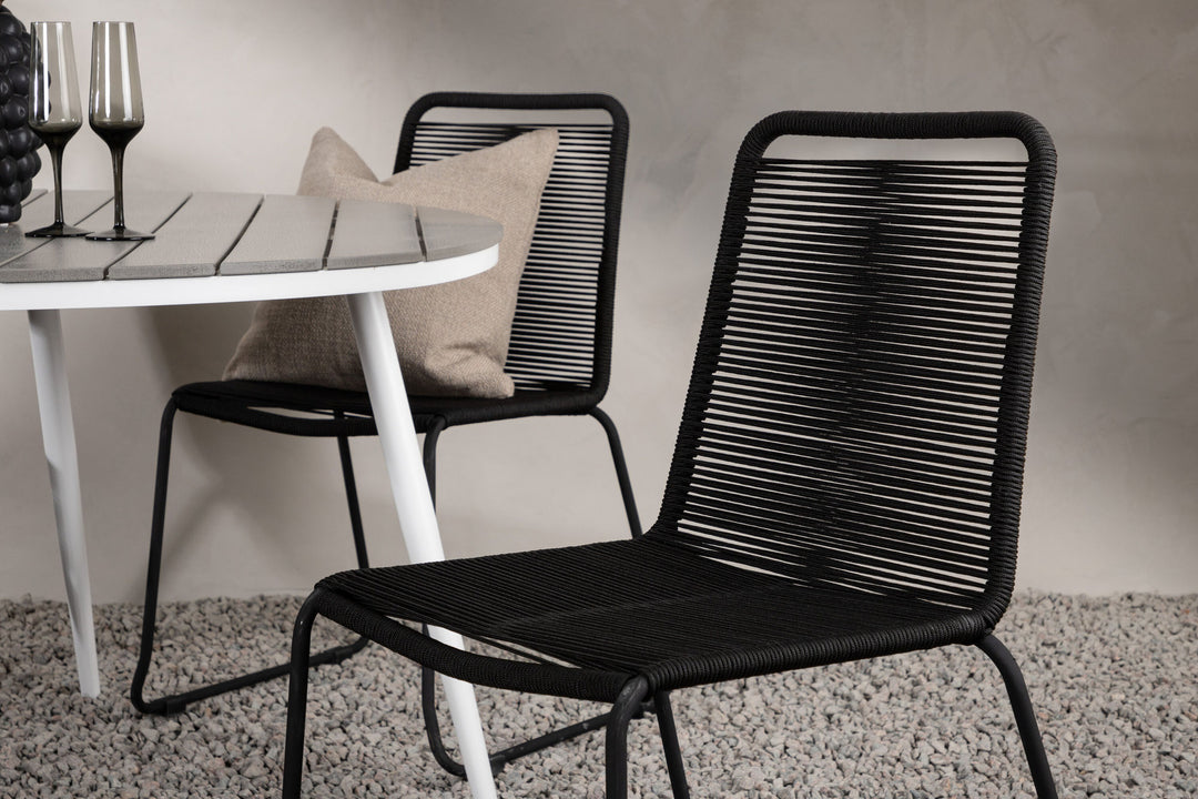 Venture Home Break - Dining Table Round- White / Grey - Alu / Aintwood - 120ø _1+ Lindos Stacking Chair - Black Alu / Black Rope _4