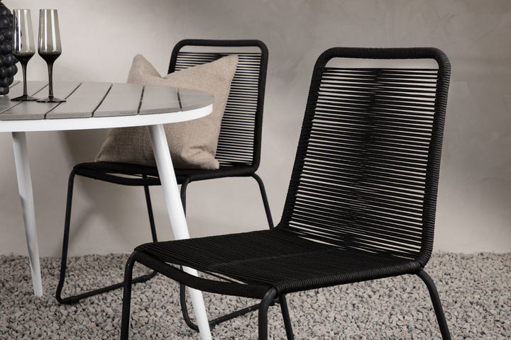 Venture Home Break - Dining Table Round- White / Grey - Alu / Aintwood - 120ø _1+ Lindos Stacking Chair - Black Alu / Black Rope _4
