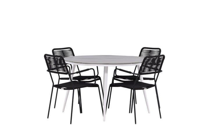 Venture Home Break - Dining Table Round- White / Grey - Alu / Aintwood - 120ø _1+ Lindos Armchair - Black Alu / Black Rope _4