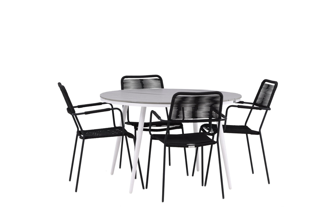 Venture Home Break - Dining Table Round- White / Grey - Alu / Aintwood - 120ø _1+ Lindos Armchair - Black Alu / Black Rope _4