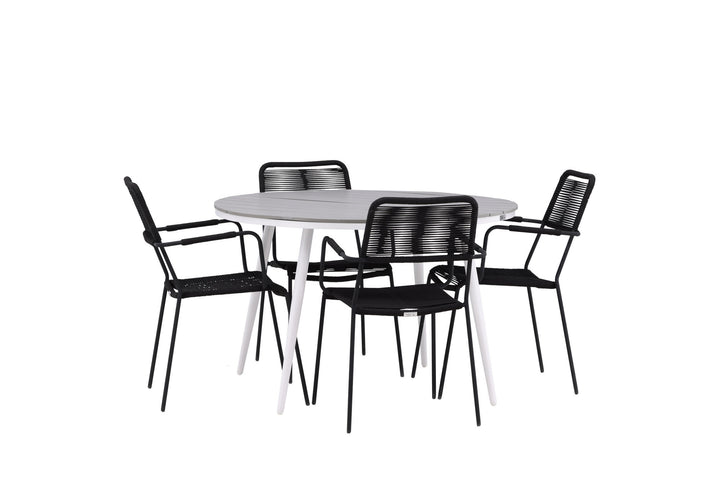 Venture Home Break - Dining Table Round- White / Grey - Alu / Aintwood - 120ø _1+ Lindos Armchair - Black Alu / Black Rope _4