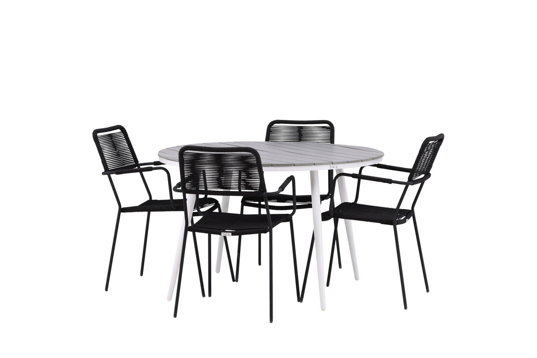 Venture Home Break - Dining Table Round- White / Grey - Alu / Aintwood - 120ø _1+ Lindos Armchair - Black Alu / Black Rope _4