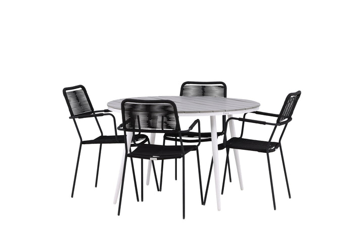 Venture Home Break - Dining Table Round- White / Grey - Alu / Aintwood - 120ø _1+ Lindos Armchair - Black Alu / Black Rope _4