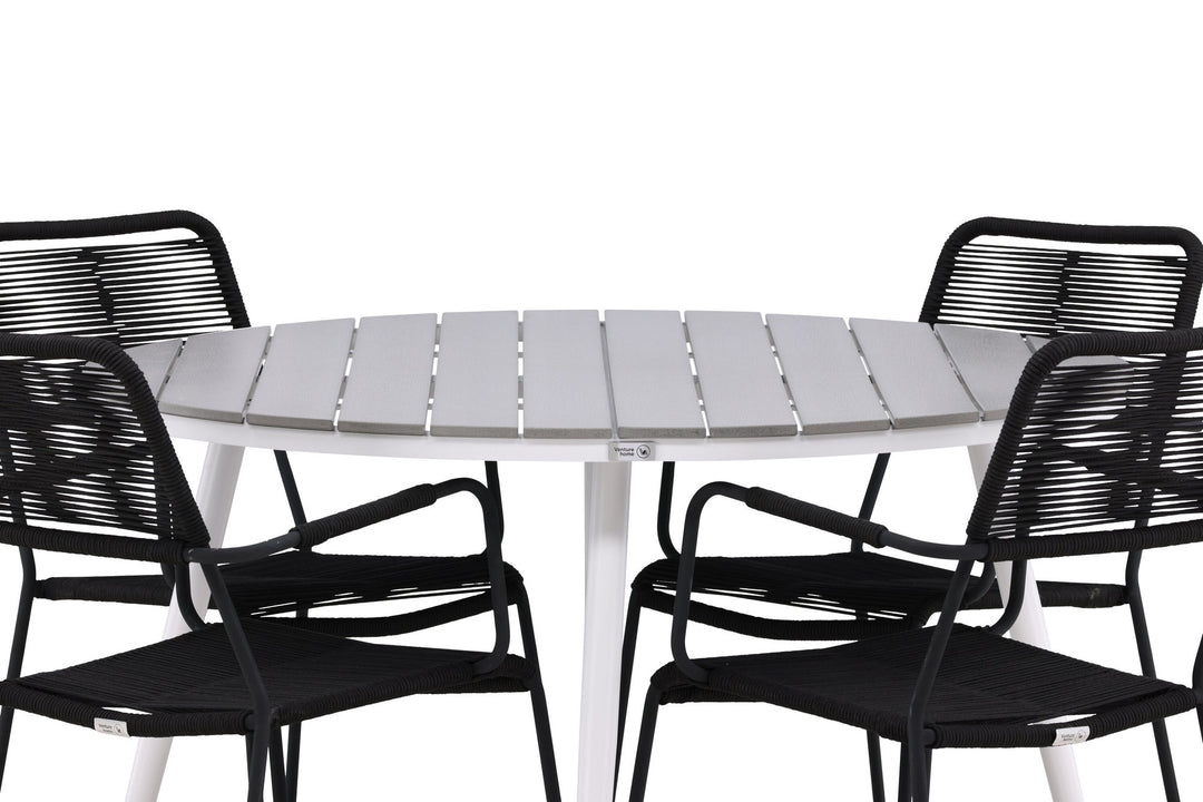 Venture Home Break - Dining Table Round- White / Grey - Alu / Aintwood - 120ø _1+ Lindos Armchair - Black Alu / Black Rope _4