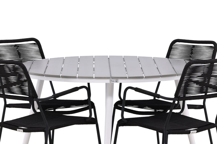 Venture Home Break - Dining Table Round- White / Grey - Alu / Aintwood - 120ø _1+ Lindos Armchair - Black Alu / Black Rope _4