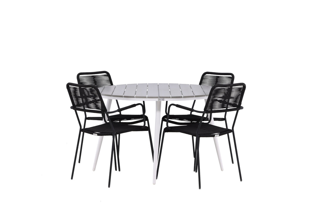 Venture Home Break - Dining Table Round- White / Grey - Alu / Aintwood - 120ø _1+ Lindos Armchair - Black Alu / Black Rope _4