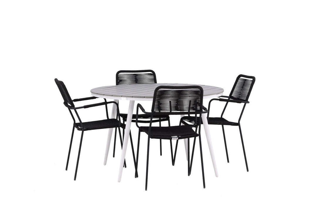 Venture Home Break - Dining Table Round- White / Grey - Alu / Aintwood - 120ø _1+ Lindos Armchair - Black Alu / Black Rope _4