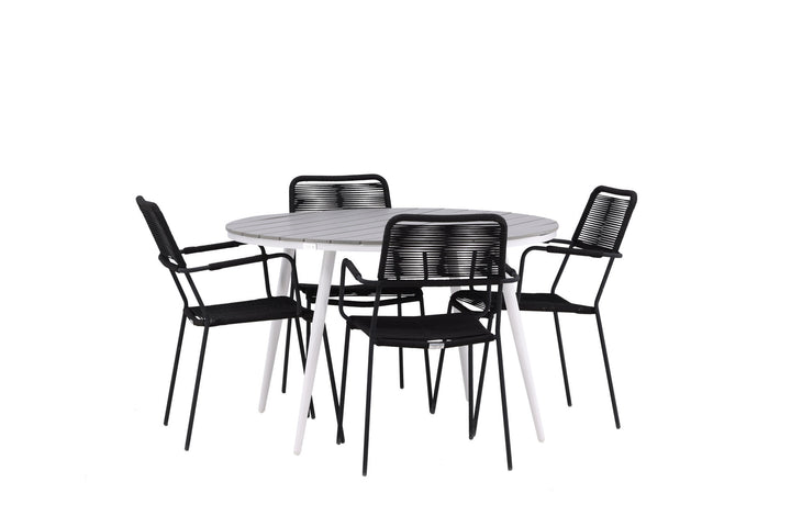 Venture Home Break - Dining Table Round- White / Grey - Alu / Aintwood - 120ø _1+ Lindos Armchair - Black Alu / Black Rope _4