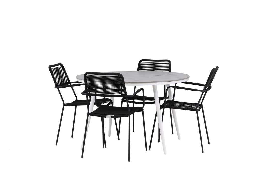 Venture Home Break - Dining Table Round- White / Grey - Alu / Aintwood - 120ø _1+ Lindos Armchair - Black Alu / Black Rope _4