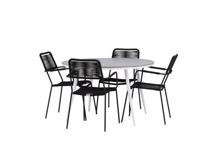 Venture Home Break - Dining Table Round- White / Grey - Alu / Aintwood - 120ø _1+ Lindos Armchair - Black Alu / Black Rope _4