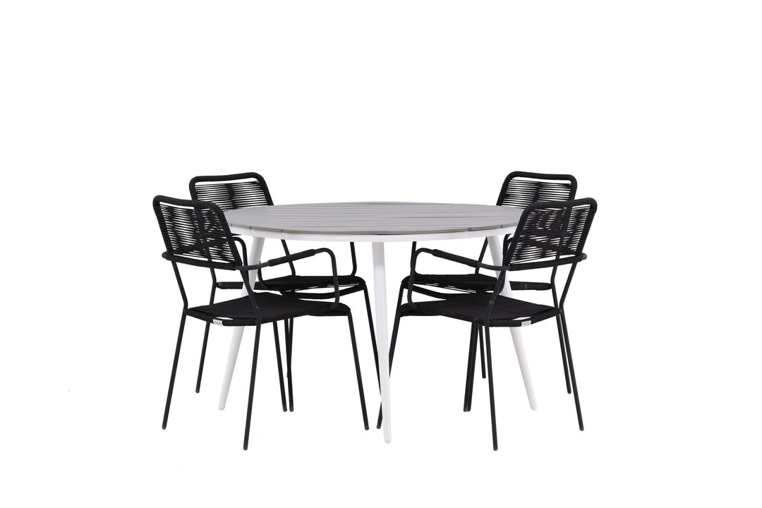 Venture Home Break - Dining Table Round- White / Grey - Alu / Aintwood - 120ø _1+ Lindos Armchair - Black Alu / Black Rope _4
