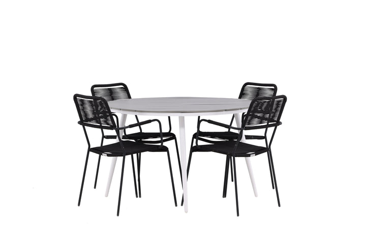 Venture Home Break - Dining Table Round- White / Grey - Alu / Aintwood - 120ø _1+ Lindos Armchair - Black Alu / Black Rope _4