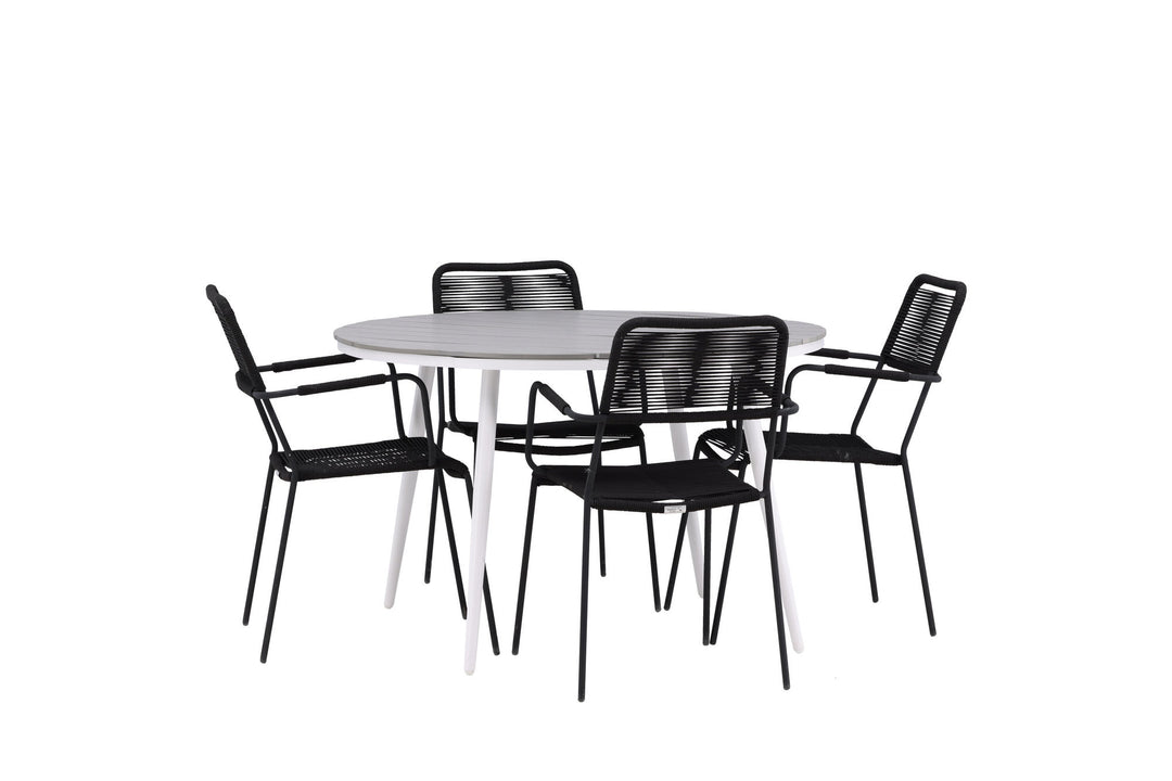 Venture Home Break - Dining Table Round- White / Grey - Alu / Aintwood - 120ø _1+ Lindos Armchair - Black Alu / Black Rope _4