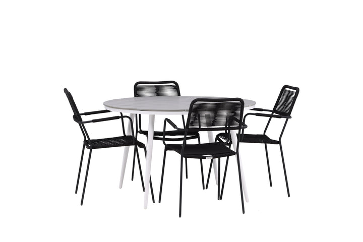 Venture Home Break - Dining Table Round- White / Grey - Alu / Aintwood - 120ø _1+ Lindos Armchair - Black Alu / Black Rope _4