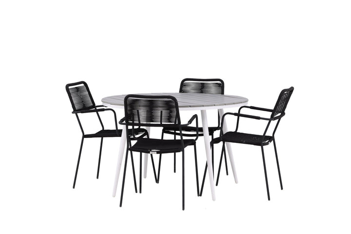 Venture Home Break - Dining Table Round- White / Grey - Alu / Aintwood - 120ø _1+ Lindos Armchair - Black Alu / Black Rope _4