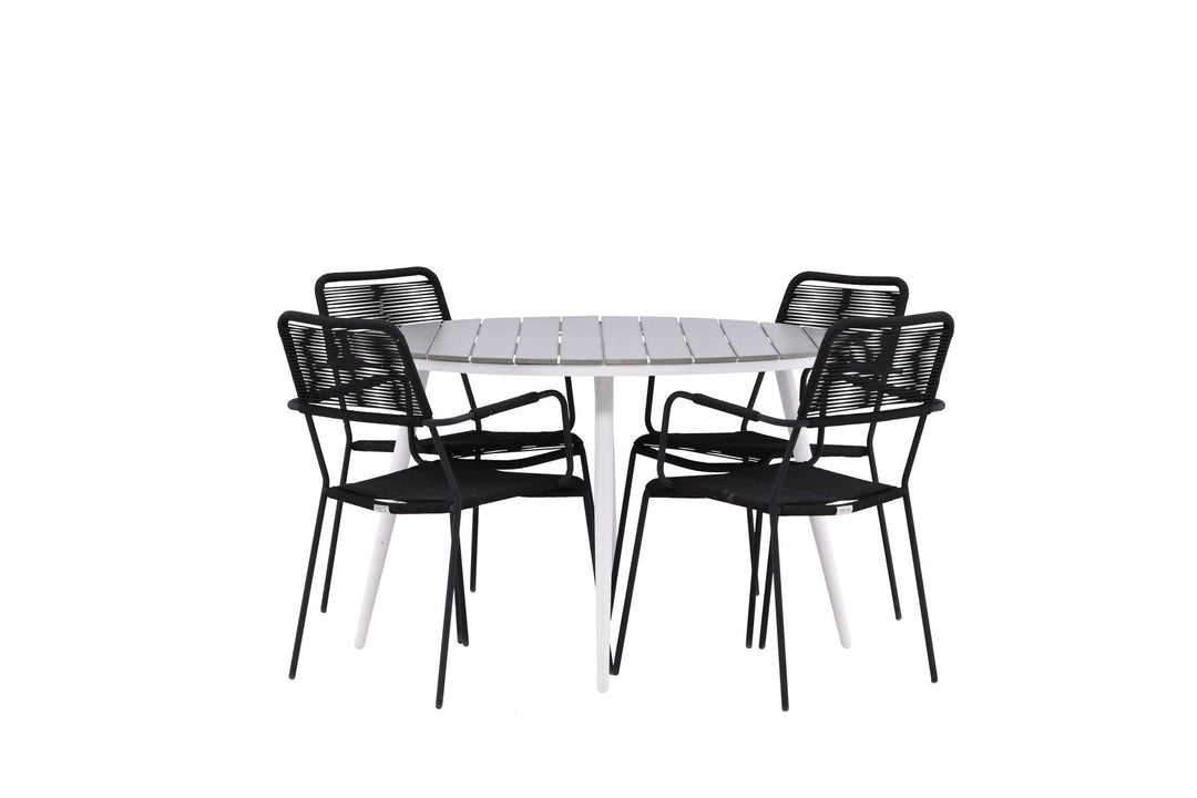 Venture Home Break - Dining Table Round- White / Grey - Alu / Aintwood - 120ø _1+ Lindos Armchair - Black Alu / Black Rope _4