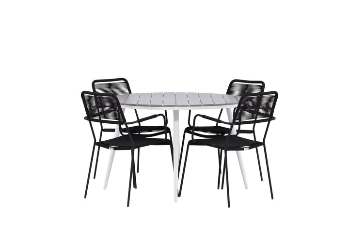 Venture Home Break - Dining Table Round- White / Grey - Alu / Aintwood - 120ø _1+ Lindos Armchair - Black Alu / Black Rope _4
