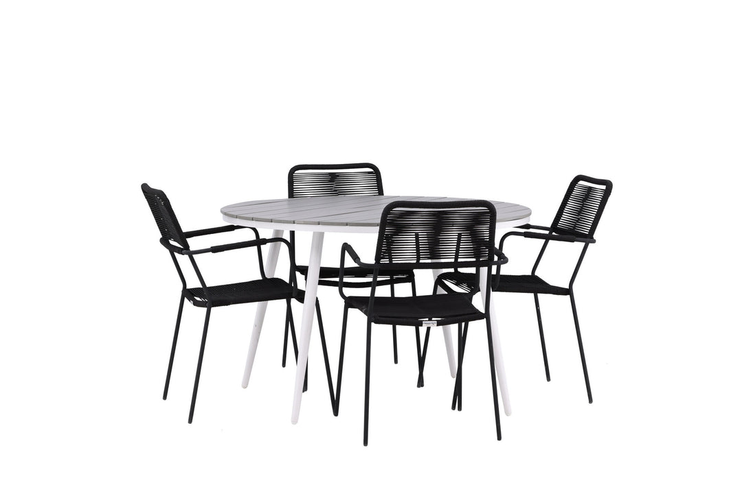 Venture Home Break - Dining Table Round- White / Grey - Alu / Aintwood - 120ø _1+ Lindos Armchair - Black Alu / Black Rope _4