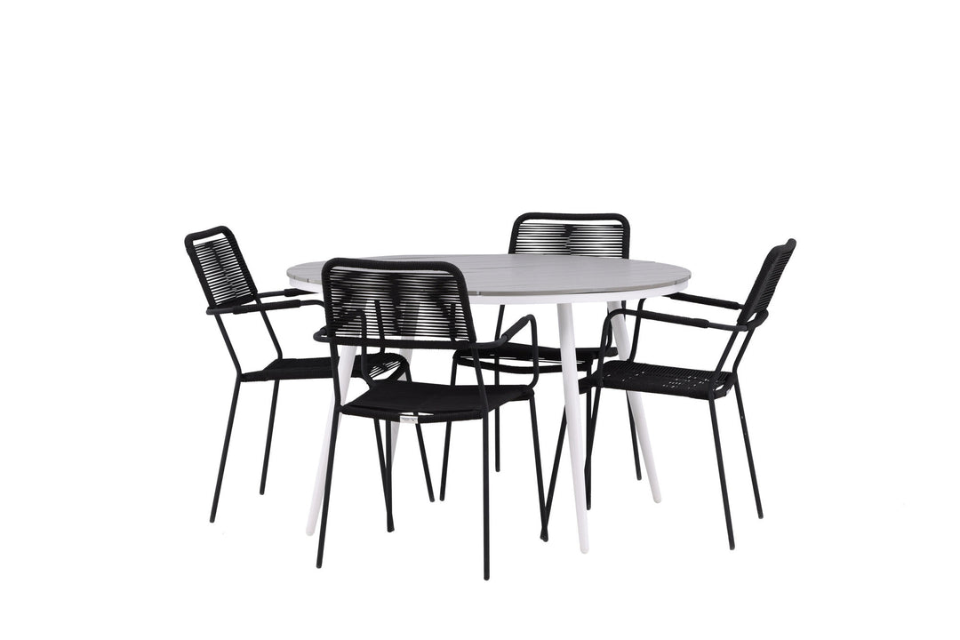 Venture Home Break - Dining Table Round- White / Grey - Alu / Aintwood - 120ø _1+ Lindos Armchair - Black Alu / Black Rope _4