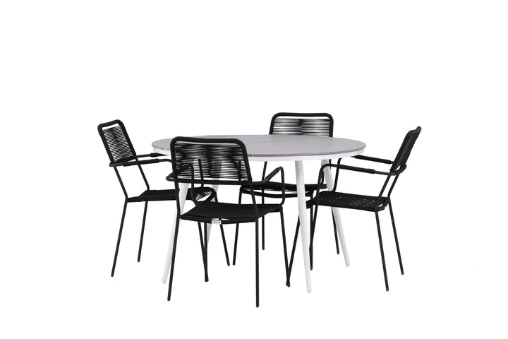 Venture Home Break - Dining Table Round- White / Grey - Alu / Aintwood - 120ø _1+ Lindos Armchair - Black Alu / Black Rope _4
