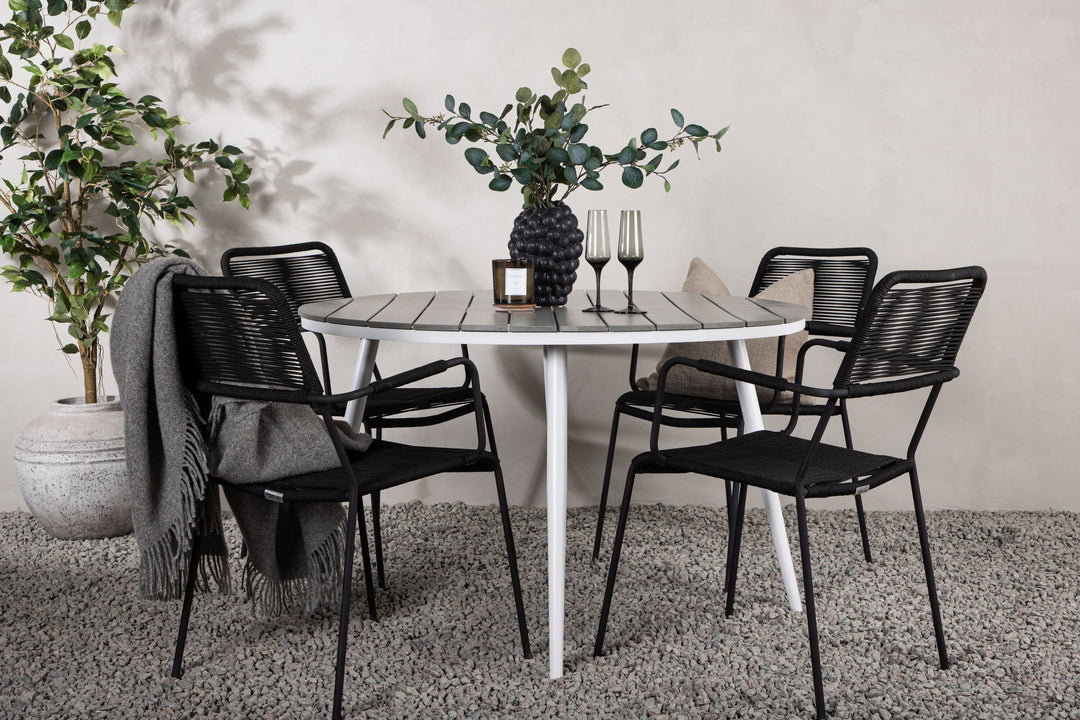 Venture Home Break - Dining Table Round- White / Grey - Alu / Aintwood - 120ø _1+ Lindos Armchair - Black Alu / Black Rope _4