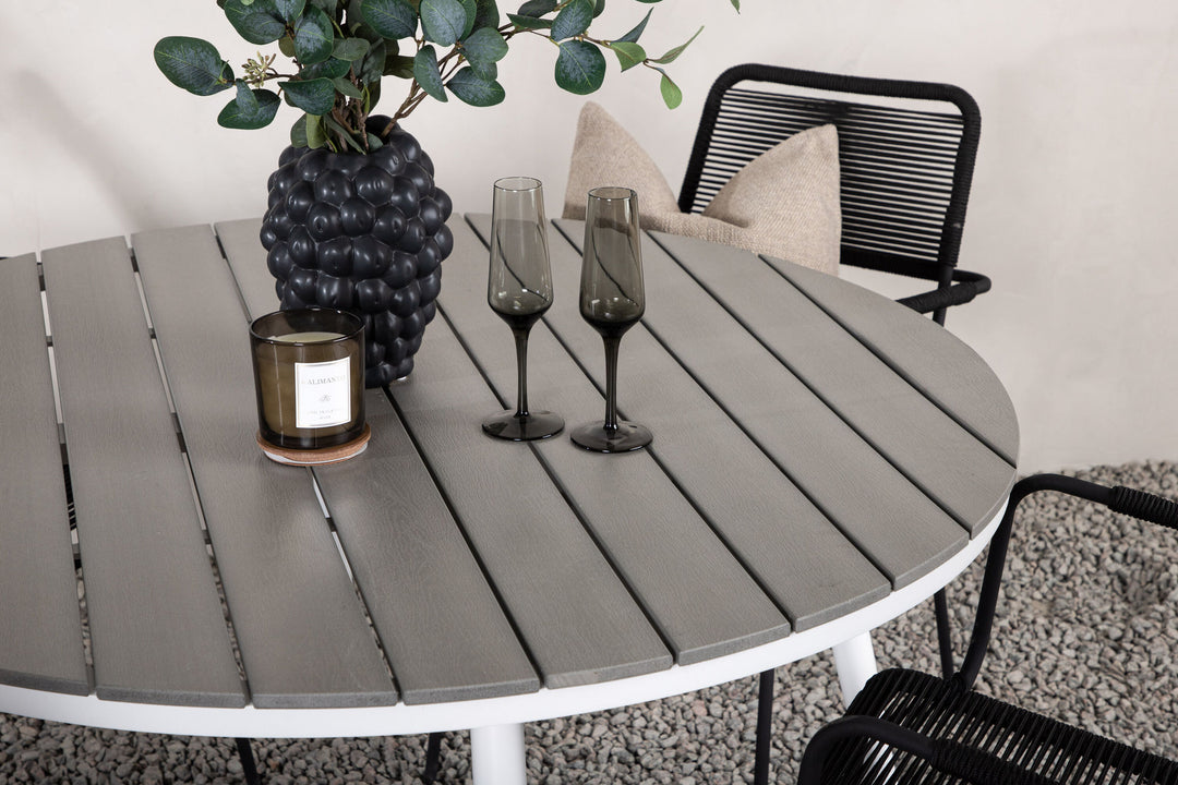 Venture Home Break - Dining Table Round- White / Grey - Alu / Aintwood - 120ø _1+ Lindos Armchair - Black Alu / Black Rope _4