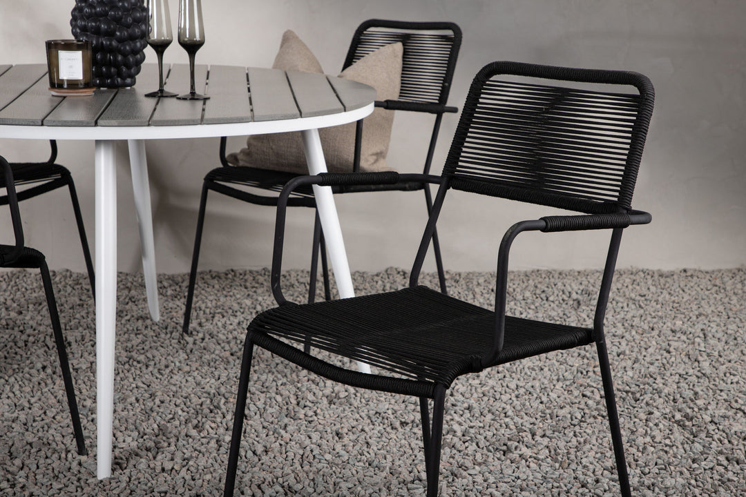 Venture Home Break - Dining Table Round- White / Grey - Alu / Aintwood - 120ø _1+ Lindos Armchair - Black Alu / Black Rope _4
