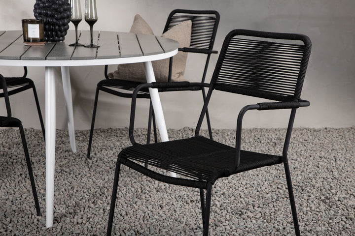 Venture Home Break - Dining Table Round- White / Grey - Alu / Aintwood - 120ø _1+ Lindos Armchair - Black Alu / Black Rope _4