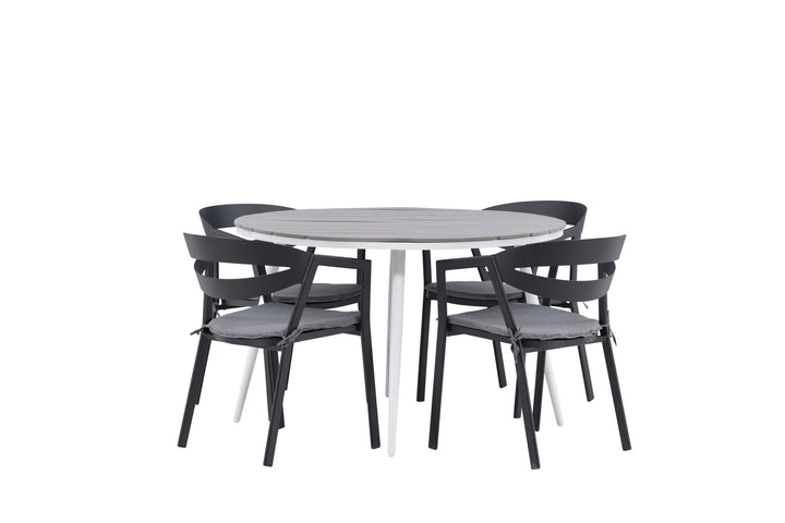 Venture Home Break - Dining Table Round- White / Grey - Alu / Aintwood - 120ø _1+ Slit - Dining Chair inc Cushion- Black /Grey - Aluminium - _4