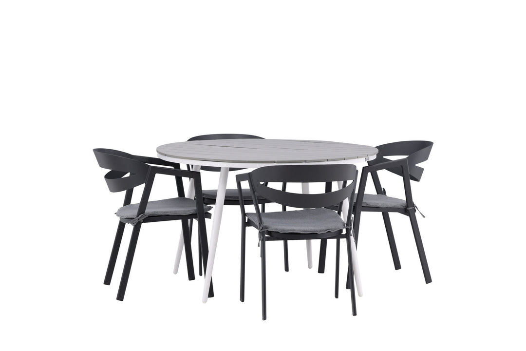 Venture Home Break - Dining Table Round- White / Grey - Alu / Aintwood - 120ø _1+ Slit - Dining Chair inc Cushion- Black /Grey - Aluminium - _4