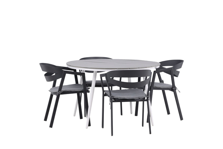Venture Home Break - Dining Table Round- White / Grey - Alu / Aintwood - 120ø _1+ Slit - Dining Chair inc Cushion- Black /Grey - Aluminium - _4