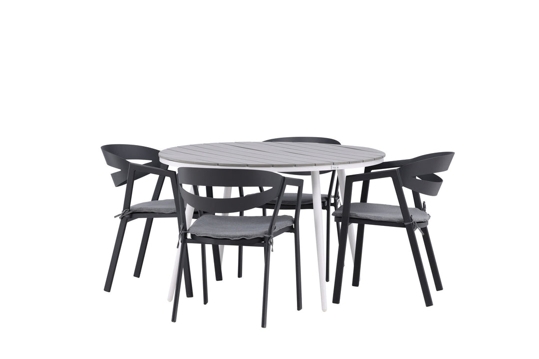 Venture Home Break - Dining Table Round- White / Grey - Alu / Aintwood - 120ø _1+ Slit - Dining Chair inc Cushion- Black /Grey - Aluminium - _4