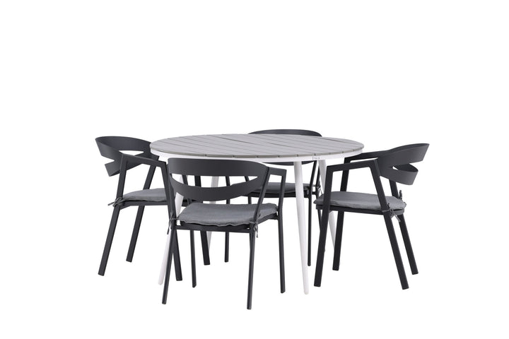 Venture Home Break - Dining Table Round- White / Grey - Alu / Aintwood - 120ø _1+ Slit - Dining Chair inc Cushion- Black /Grey - Aluminium - _4