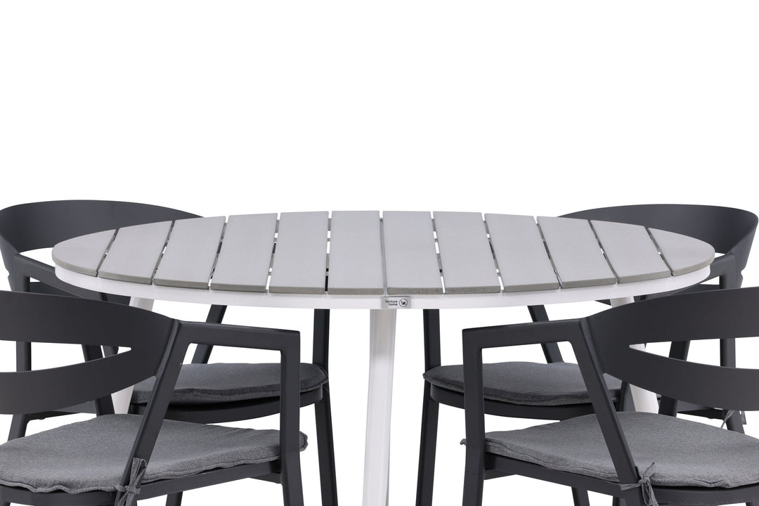 Venture Home Break - Dining Table Round- White / Grey - Alu / Aintwood - 120ø _1+ Slit - Dining Chair inc Cushion- Black /Grey - Aluminium - _4