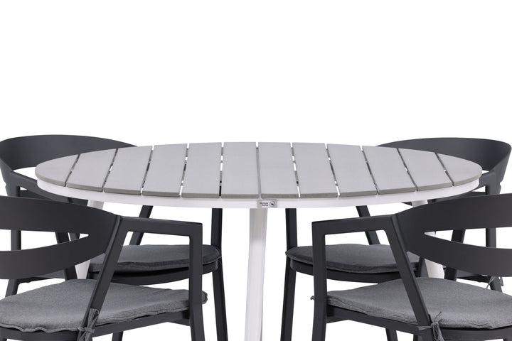 Venture Home Break - Dining Table Round- White / Grey - Alu / Aintwood - 120ø _1+ Slit - Dining Chair inc Cushion- Black /Grey - Aluminium - _4