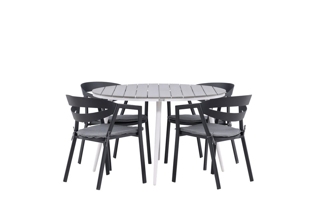 Venture Home Break - Dining Table Round- White / Grey - Alu / Aintwood - 120ø _1+ Slit - Dining Chair inc Cushion- Black /Grey - Aluminium - _4