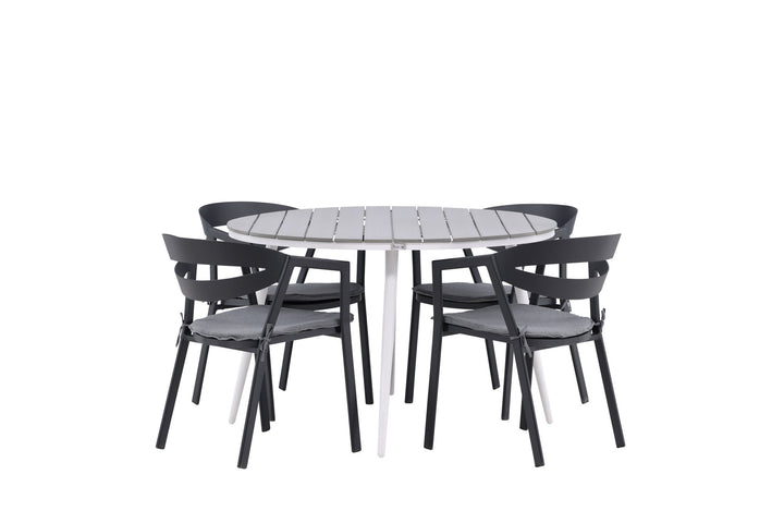 Venture Home Break - Dining Table Round- White / Grey - Alu / Aintwood - 120ø _1+ Slit - Dining Chair inc Cushion- Black /Grey - Aluminium - _4