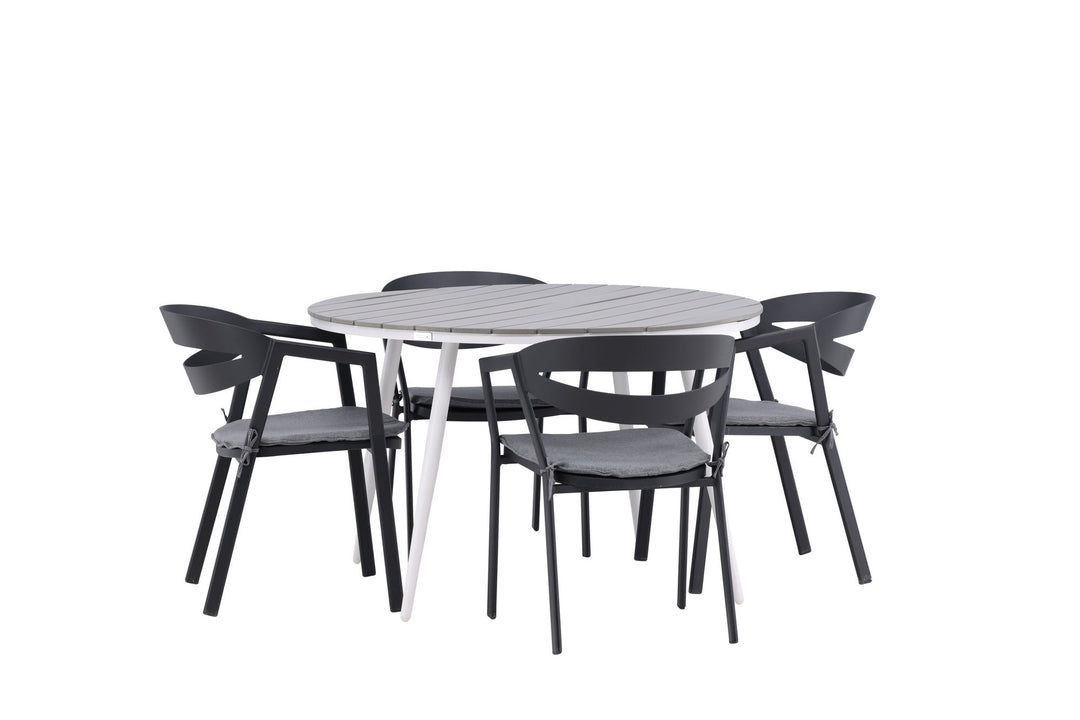 Venture Home Break - Dining Table Round- White / Grey - Alu / Aintwood - 120ø _1+ Slit - Dining Chair inc Cushion- Black /Grey - Aluminium - _4
