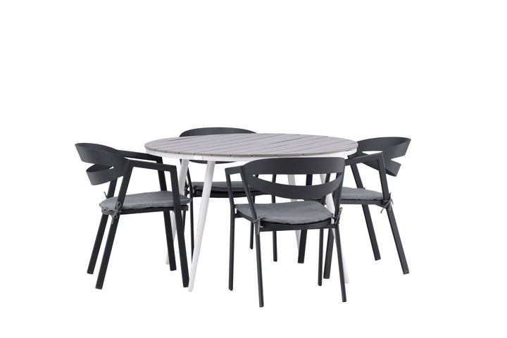 Venture Home Break - Dining Table Round- White / Grey - Alu / Aintwood - 120ø _1+ Slit - Dining Chair inc Cushion- Black /Grey - Aluminium - _4