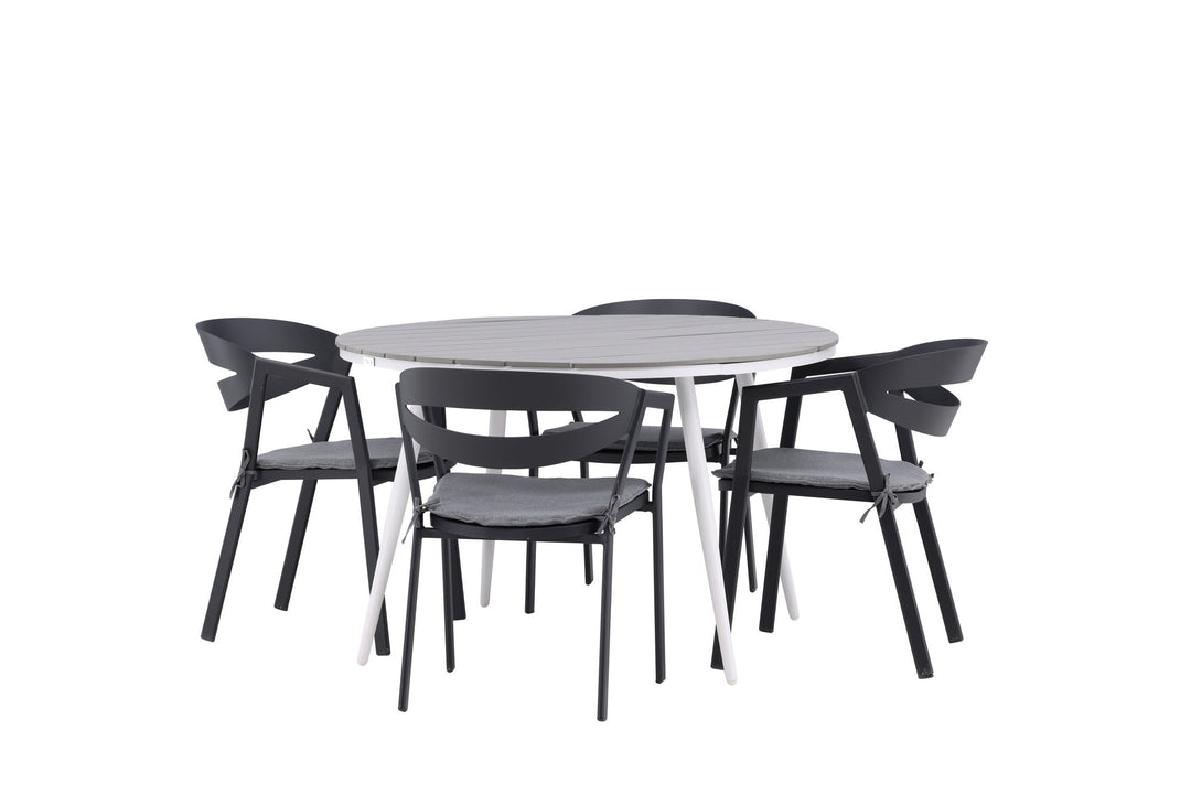 Venture Home Break - Dining Table Round- White / Grey - Alu / Aintwood - 120ø _1+ Slit - Dining Chair inc Cushion- Black /Grey - Aluminium - _4