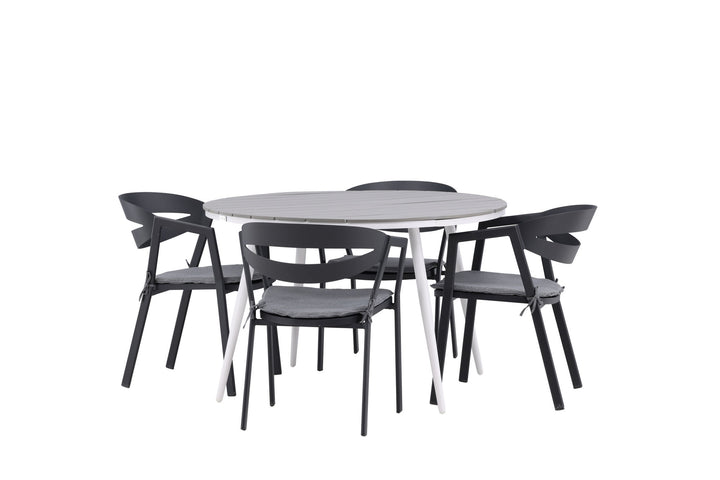 Venture Home Break - Dining Table Round- White / Grey - Alu / Aintwood - 120ø _1+ Slit - Dining Chair inc Cushion- Black /Grey - Aluminium - _4