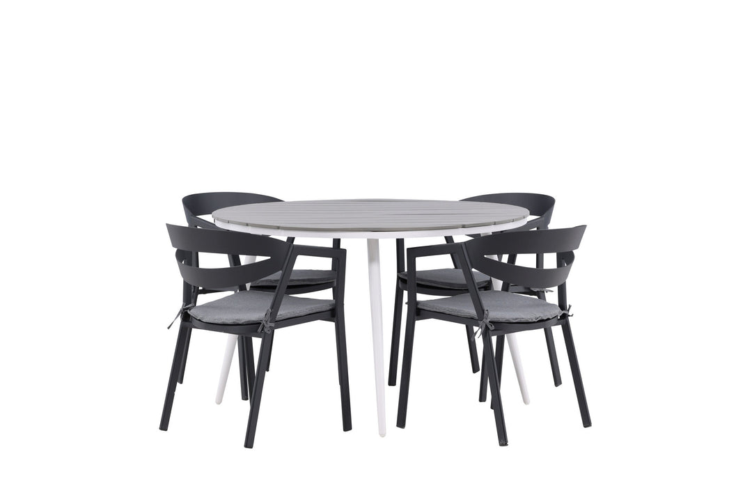 Venture Home Break - Dining Table Round- White / Grey - Alu / Aintwood - 120ø _1+ Slit - Dining Chair inc Cushion- Black /Grey - Aluminium - _4