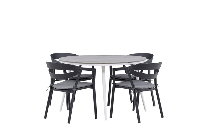 Venture Home Break - Dining Table Round- White / Grey - Alu / Aintwood - 120ø _1+ Slit - Dining Chair inc Cushion- Black /Grey - Aluminium - _4