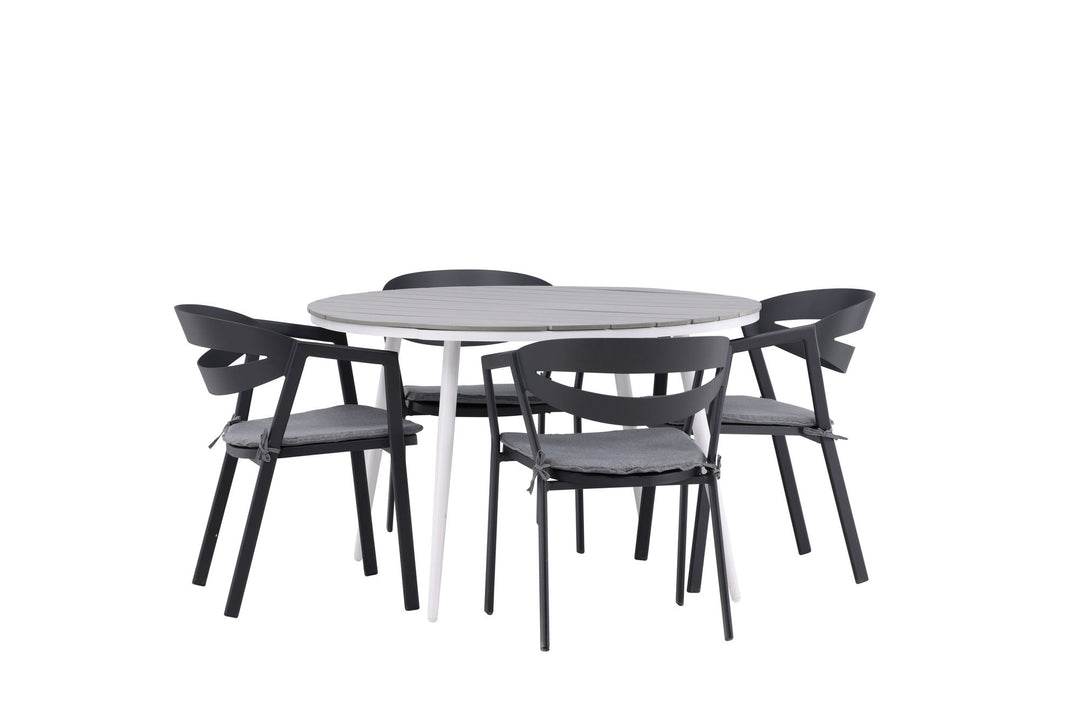 Venture Home Break - Dining Table Round- White / Grey - Alu / Aintwood - 120ø _1+ Slit - Dining Chair inc Cushion- Black /Grey - Aluminium - _4