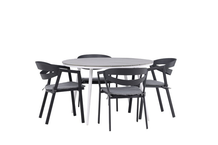 Venture Home Break - Dining Table Round- White / Grey - Alu / Aintwood - 120ø _1+ Slit - Dining Chair inc Cushion- Black /Grey - Aluminium - _4