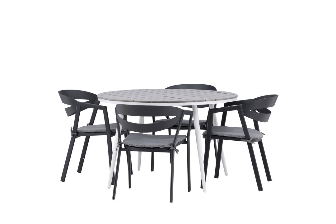 Venture Home Break - Dining Table Round- White / Grey - Alu / Aintwood - 120ø _1+ Slit - Dining Chair inc Cushion- Black /Grey - Aluminium - _4