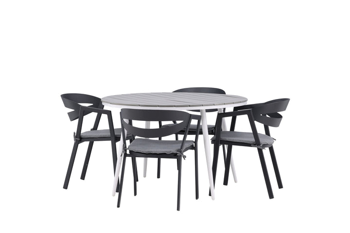 Venture Home Break - Dining Table Round- White / Grey - Alu / Aintwood - 120ø _1+ Slit - Dining Chair inc Cushion- Black /Grey - Aluminium - _4