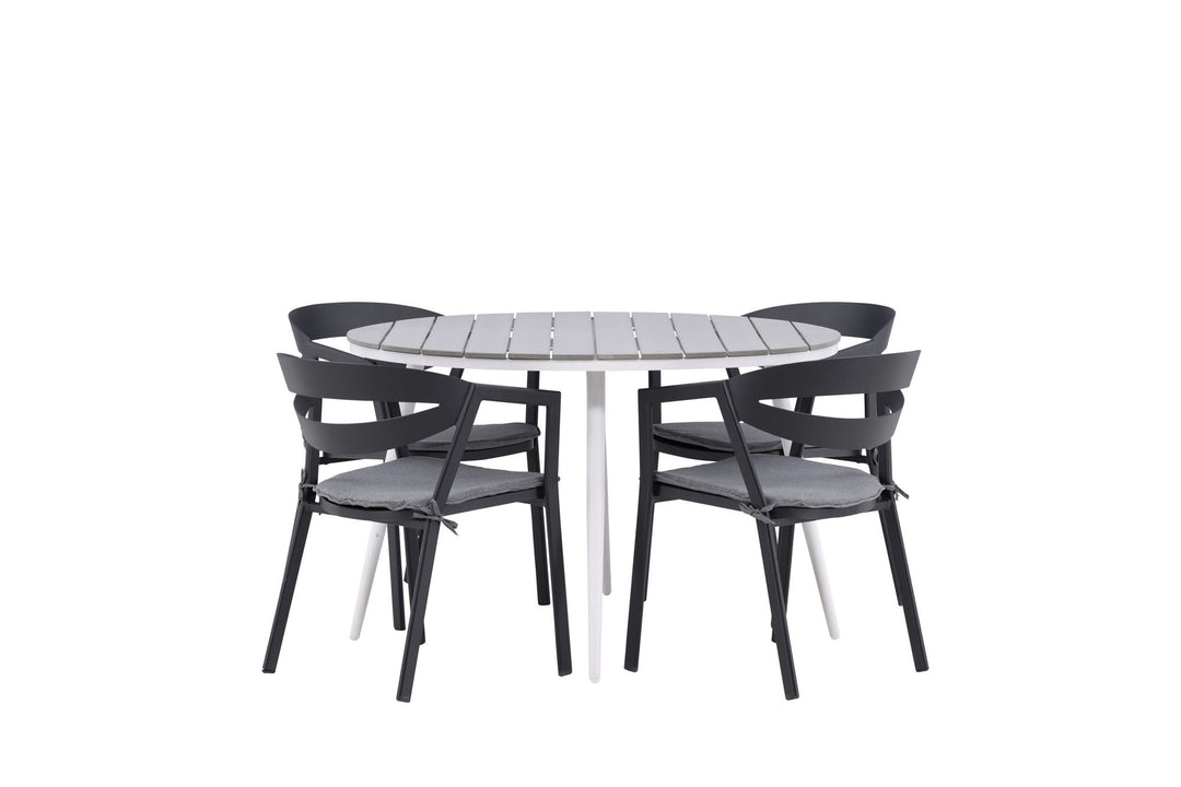 Venture Home Break - Dining Table Round- White / Grey - Alu / Aintwood - 120ø _1+ Slit - Dining Chair inc Cushion- Black /Grey - Aluminium - _4